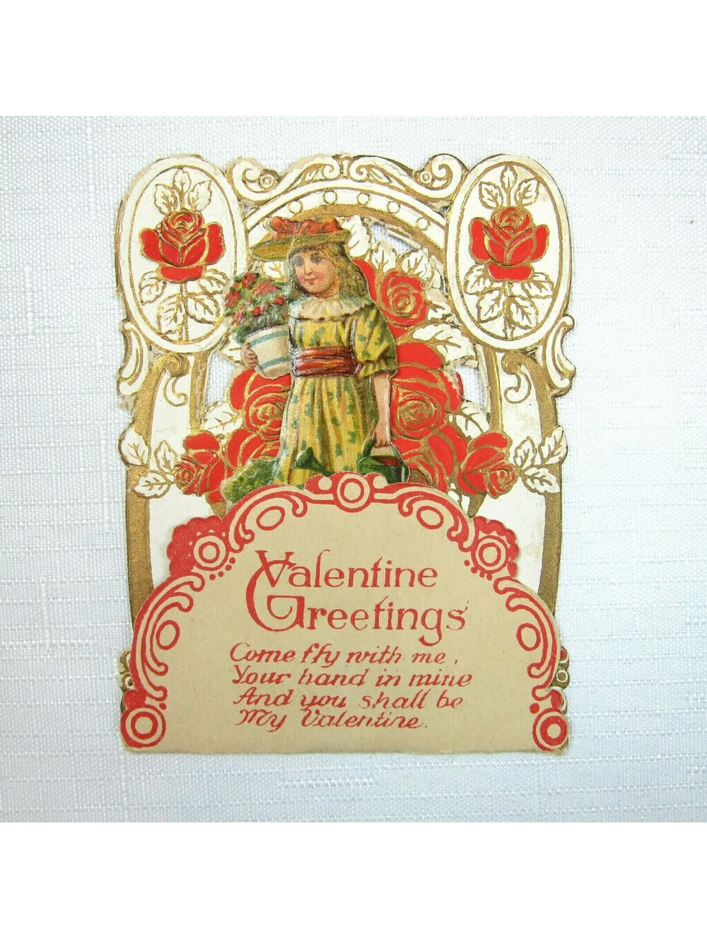 Vintage Valentine Pop Up 3D Pull Down Die Cut Girl Red Rose Watering Can Germany